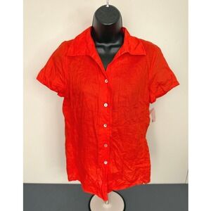 David N Women's Button Front Short Sleeve Linen Blouse Orange Size Medium